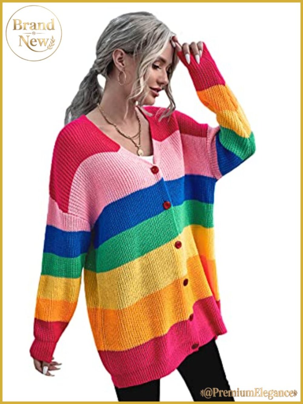 Rainbow Striped Print Button Front Long Sleeve Cardigan Sweater